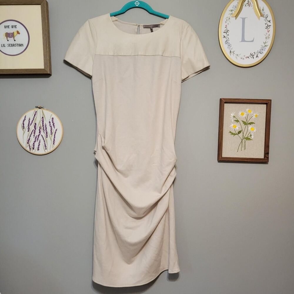 Halston Heritage size 10 Leather & Wool Cream Rouched Midi Dress